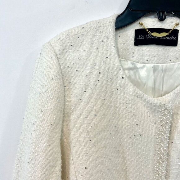 Cream White Sequinses Pearl Beaded Dress Coat - Picture 9 of 15